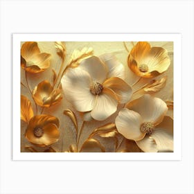 Golden Floral 3d Art, Gold Flowers Luxurious 3d Design Art Print