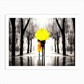 Park Way Stroll - Couple Holding Yellow Umbrella In The Rain Art Print