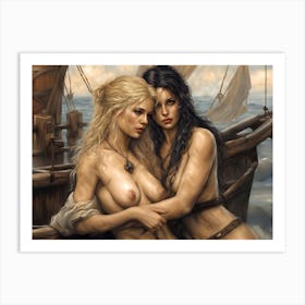 Two Lost Souls Females On A Sinking Ship Two women embracing on a ship, set against a cloudy ocean background during an uncertain time at sea Art Print