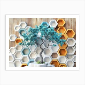 Turquoise Tree And Multicolored Hexagons Displayed On White Lattice Tiles Against An Oak Wood Background 1 Art Print