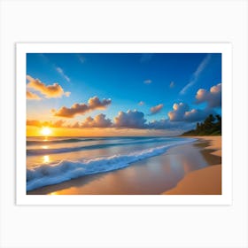 Tropical Beach Sunset With Golden Light And Clouds Art Print