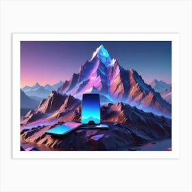 Three Smartphones Sit On A Rocky Surface, With A Vibrant, Glowing Mountain Range In The Background Art Print