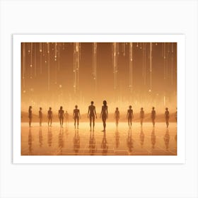 Silhouettes Of People Standing On A Reflective Platform In A Desert Landscape With Golden Rain Falling From Above Art Print