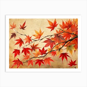 Watercolor Painting Of Red And Orange Maple Leaves On Grunge Background Art Print