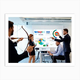 Archery Themed Office Scene Multiple Professionals In Sharp Business Attire Aiming Compound Bows To (5) Art Print