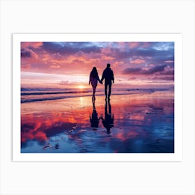 Couple Holding Hands On Beach At Sunset Art Print