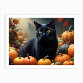 Black Cat Sitting In A Pile Of Pumpkins With A Forest Background Art Print