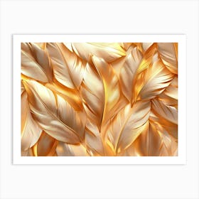 3d Golden Feathers Background, Luxury Leaves Texture Art Print