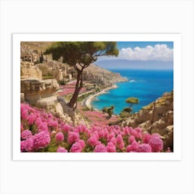 Pink Flowers On The Hillside Art Print