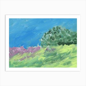 landscape painting acrylic impressionism green blue purple nature sky forest field flowers soothing calm Art Print