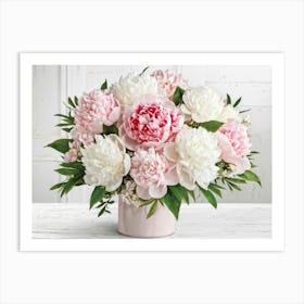 A Bouquet Of Pastel Pink And Pristine White Peonies With Hints Of Red Arranged Densely In A Natural (7) Art Print