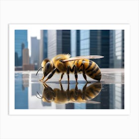 A Realistic Honeybee With Its Reflection Visible On A Wet, Reflective Surface Art Print