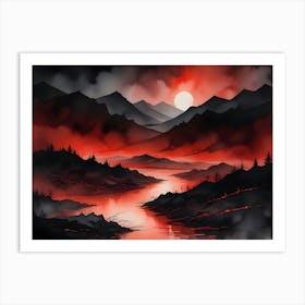 A Watercolor Painting Of A Landscape With Mountains, A River, And A Red Sunset Art Print