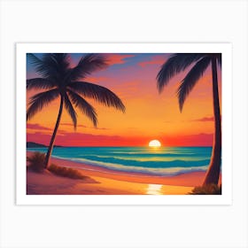 A Tranquil Beach At Sunset Horizontal Illustration 40 Art Print