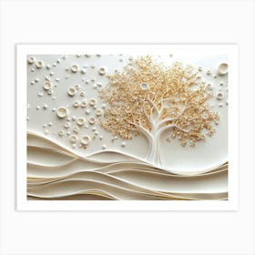 3d White and Gold Tree Life, 3d Art Gold Tree and White Circles High Art Print