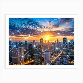 Aerial View Of A City Skyline At Sunrise, With Lines Connecting Buildings And Forming A Glowing Network Pattern Across The Sky Art Print