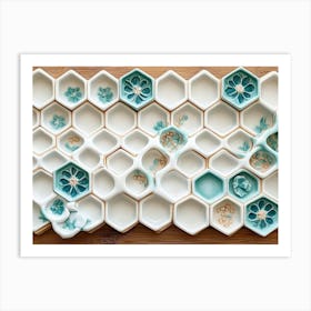 A Detailed Close Up of a White Lattice Tile Artwork on Oak with Turquoise Art Print