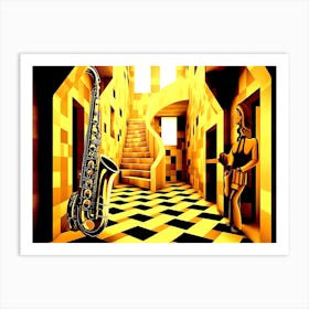 Acid Jazz Yellow Checkered Hallway - With Saxophone Art Print