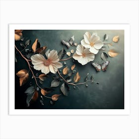 Luxurious Background With Flowers, Leaves And Butterflies 6 Art Print