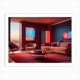 A Modern Living Room Interior With A Red Sofa, Two Armchairs, And A Smart Home System Art Print