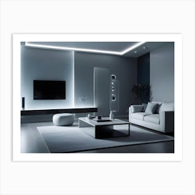 A Living Room Interior With A White Sofa, A Black Coffee Table, And A Tv Art Print