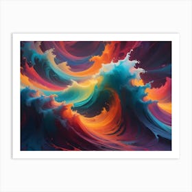 Abstract Artwork Depicting A Swirling Explosion Of Colorful, Liquid Waves In Blue, Orange, Red, And Purple Hues, Evoking A Sense Of Energy And Motion Art Print