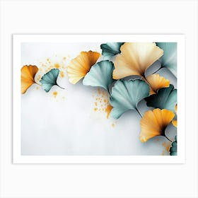 A 3d With Ginkgo Leaves in Turquoise and Golden Tones on a Light Gray Background Art Print