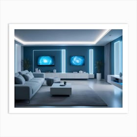 A Modern Living Room Interior With A Blue Sofa, A Coffee Table, Two Tvs, And Blue Accent Lights Art Print