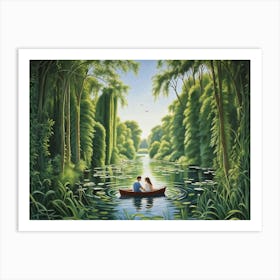 A Passionate Summer Scene Capturing A Youthful Couple In Love Gently Rowing Into The Heart Of A Fre Art Print