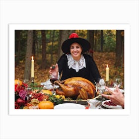 Festive Pilgrim Celebrating With A Plump Turkey At A Thanksgiving Feast Pilgrim Dress Richly Colore (1) Affiche