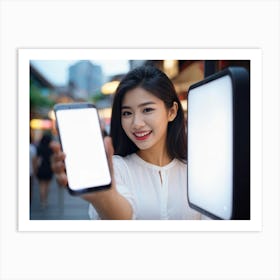 Portrait Of A Young Woman Holding A Smartphone Art Print