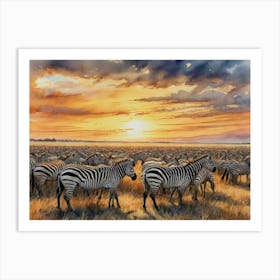 Vast Horizons, Vibrant Life Herd Of Zebras At Sunset Art Print