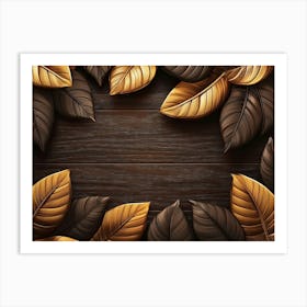 Golden And Brown Leaves And Feathers On Wooden Brown Background On 3d Art Print