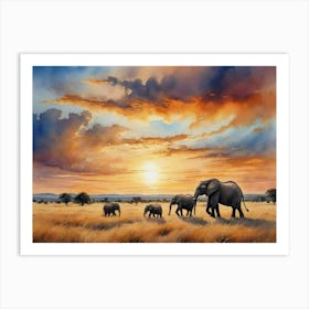 Sunset Elephants The Untamed Glory of the Savannah Art Print