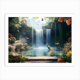 Beautiful Nature Scenery Travel Lovely Place Background With Tropical Leaves, Flowers, Forest Trees, Park, Waterfall 1 Art Print