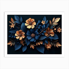 An Elegant 3d Floral Art Featuring A Bunch Of Leaves And Flowers On A Black 1 Art Print