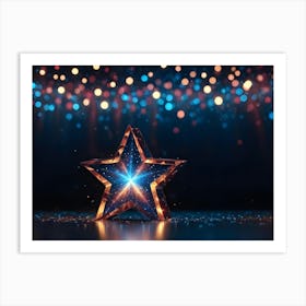 A Golden, Star Shaped Object With A Glowing Center, Surrounded By A Scattering Of Lights And Particles, Creating A Magical And Futuristic Atmosphere Art Print