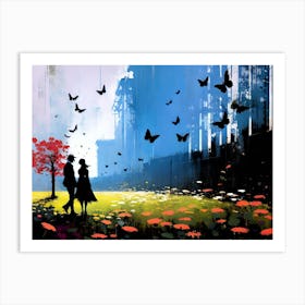 Couple Walking In The Park With Butterflies Art Print