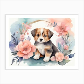 Puppy With Flowers Watercolor Art Print