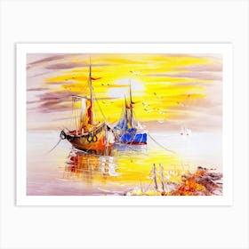 Boats At Sunset Painting Art Print