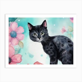 Black Cat With Flowers Art Print