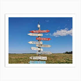 A Weathered Wooden Signpost At A Crossroad Its Arrows Pointing In Various Directions With Hand Pain Art Print