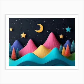 3d Modern Artwork Night Landscape, Colorful Mountains, Trees, Dark Black Background With Stars And Moon 1 Art Print