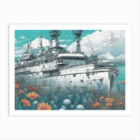 Ship Among Icy Hills And Wildflowers Art Print