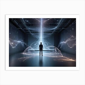 A Man Stands In A Dark Room, Silhouetted Against A Large Screen Displaying A Bright Stream Of Light And Data Visualizations Art Print