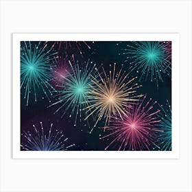 Watercolor Style Illustration Of Colorful Fireworks Exploding Against A Dark Background Art Print