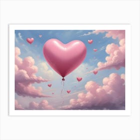 Pink Heart Shaped Balloons Floating In The Clouds Art Print