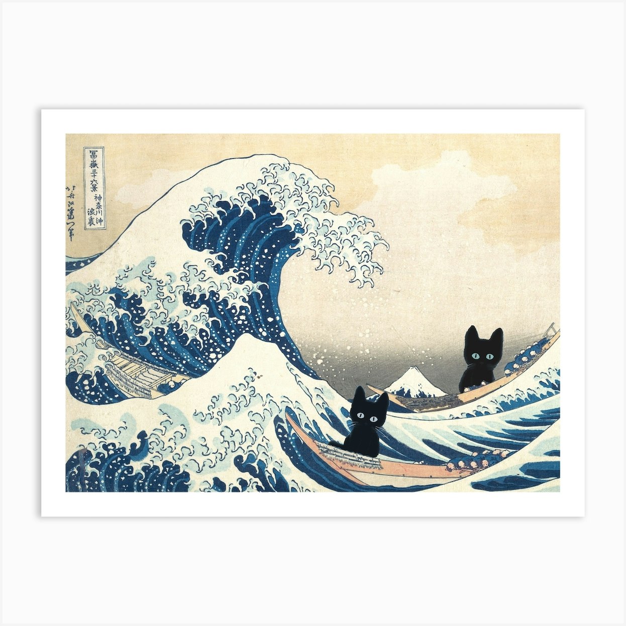 The Great Wave Off Kanagawa Inspired Cat Bathroom Art Print by Mambo - Fy