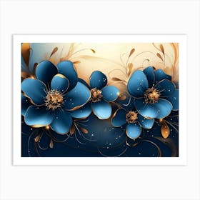 Abstract Background With Gold And Blue Flowers Art Print