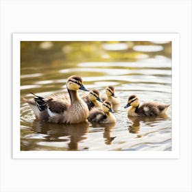 Ducklings Intermingling With Canadian Geese Gentle Ripples Spreading Across A Shallow Pond Reflect (1) Art Print